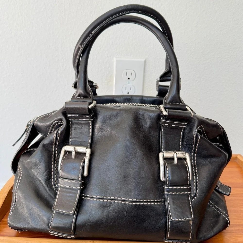 Y2K 90’s Michael Kors Satchel Black Leather Stitched Silver Distressed Bikercore